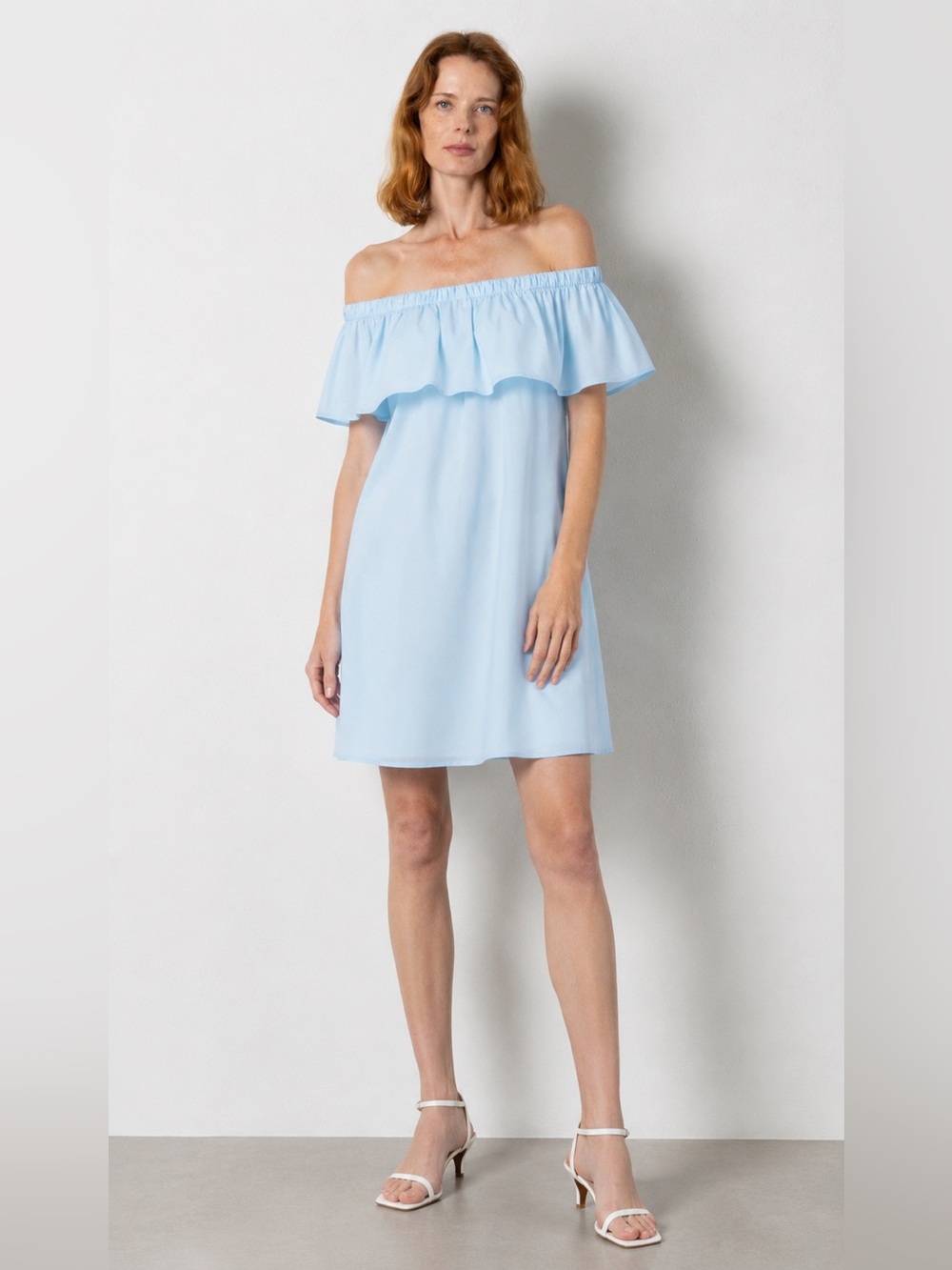 NWT Monica Nera Carmen Off-Shoulder Light Blue Poplin Mini Dress SIZE S